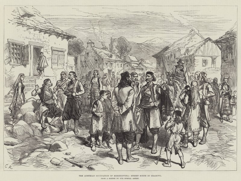 A ocupação austríaca de Herzegovina, cena de rua em Grahovo de Sir John Charles Robinson