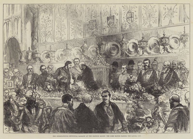 O Banquete Municipal Internacional na Mansion House, o Lord Mayor passando a Taça Loving de Sir John Charles Robinson