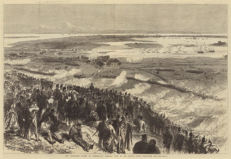 A revisão voluntária em Portsmouth, vista geral da batalha de Portsdown Hill de Sir John Charles Robinson
