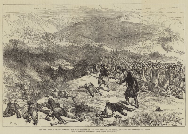 A guerra, batalha de Kniejesevacz, a primeira brigada de infantaria, sob Hafiz Pasha, atacando os Servos em uma floresta de Sir John Charles Robinson