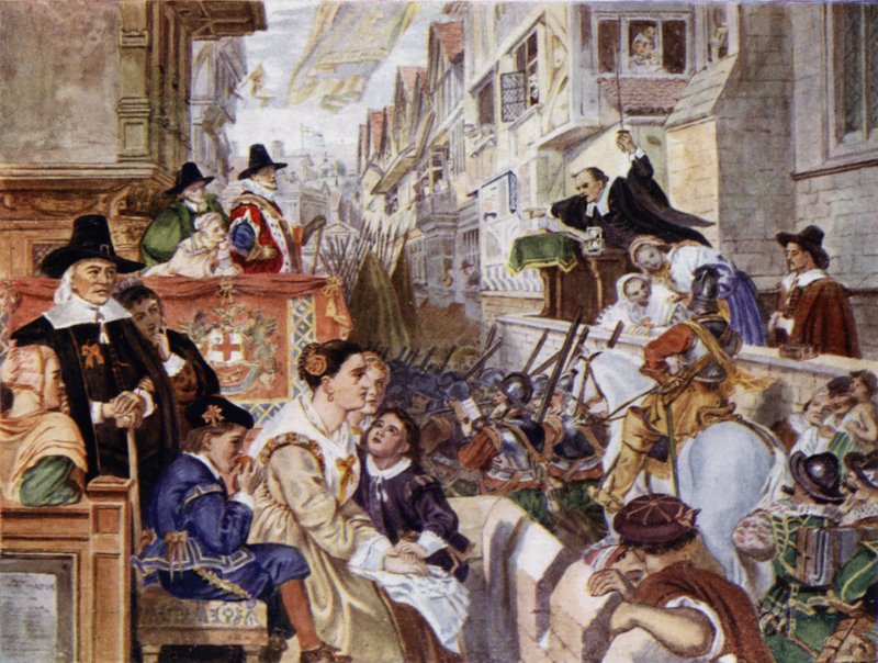 Soldados de Londres vão lutar do lado parlamentar contra o rei Carlos I na Guerra Civil Inglesa (lito colorido) de Charles West (after) Cope