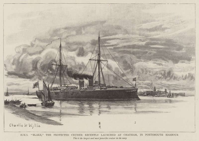 HMS Blake, o cruzador protegido lançado recentemente em Chatham, no porto de Portsmouth de Charles William Wyllie