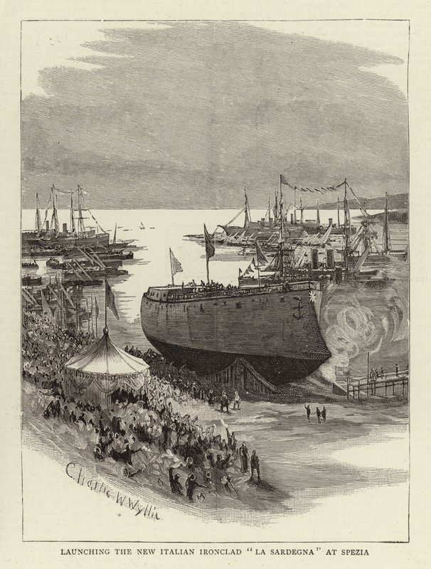 Lançamento do Novo Italian Ironclad Sardinia em La Spezia de Charles William Wyllie