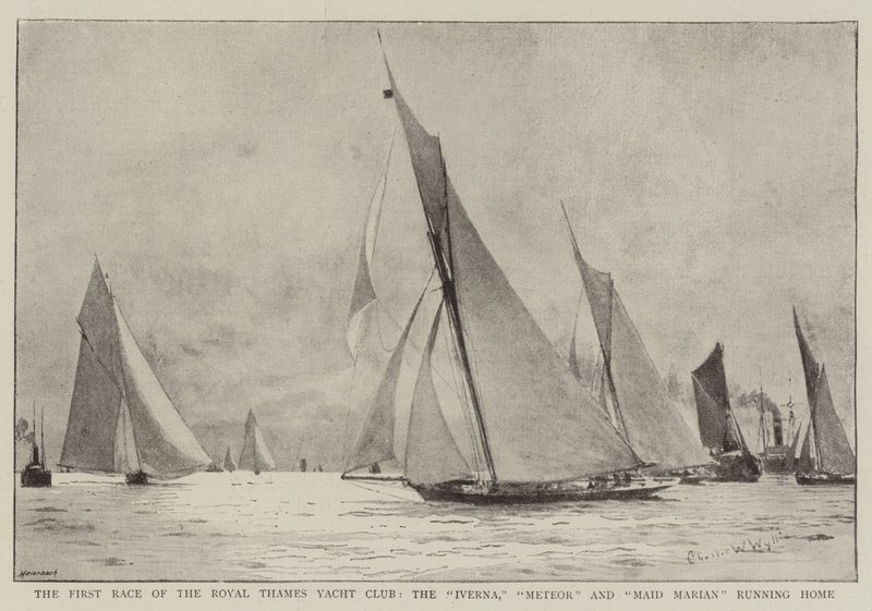 Primeira Corrida do Royal Thames Yacht Club, Iverna, Meteor e Maid Marian correndo para casa de Charles William Wyllie