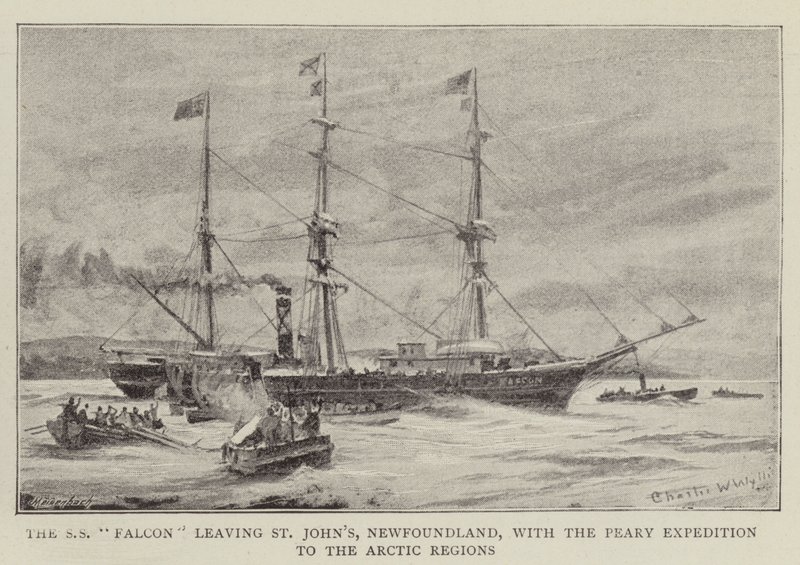 O SS Falcon saindo de St. John&39;s, Newfoundland, com a Expedição Peary para as regiões do Ártico de Charles William Wyllie