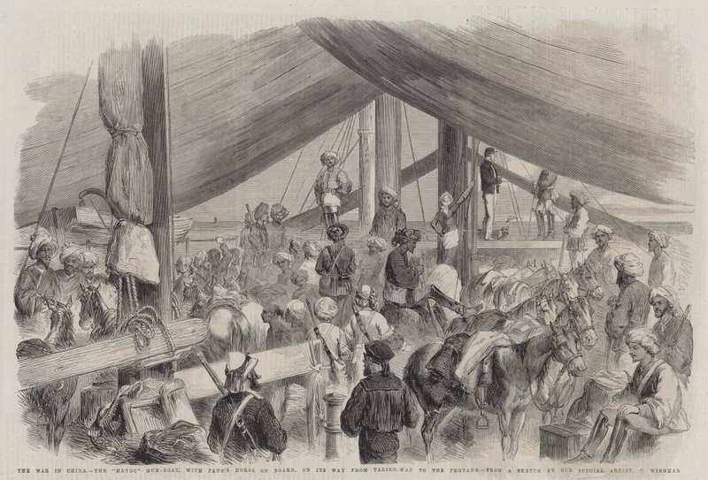 A Guerra na China, o Navio-metralhadora Havoc, com o Cavalo de Fane a bordo, a caminho de Talien-Wan até o Pehtang de Charles Wirgman