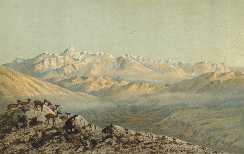 A cordilheira do Aconcagua na fronteira da Argentina e do Chile nos Andes de Christian Anton Goering
