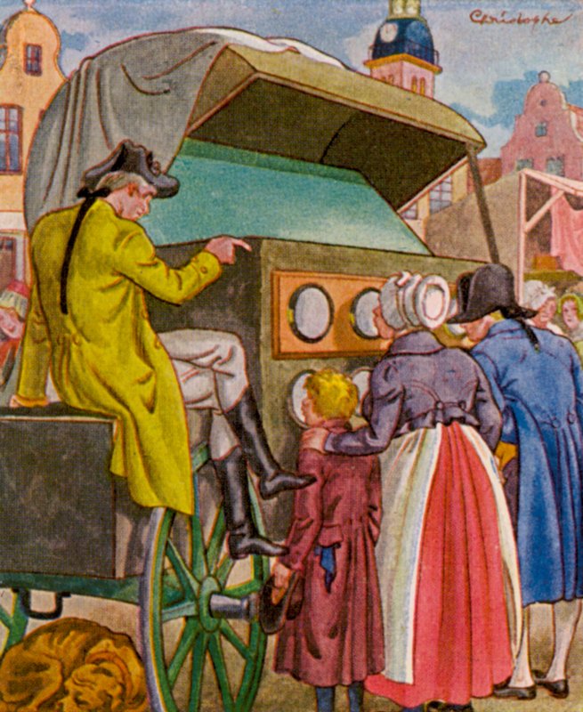 Guckkastenmann / Homem da caixa de espreitadelas (litografia a cores) de Christophe (1856 1945)