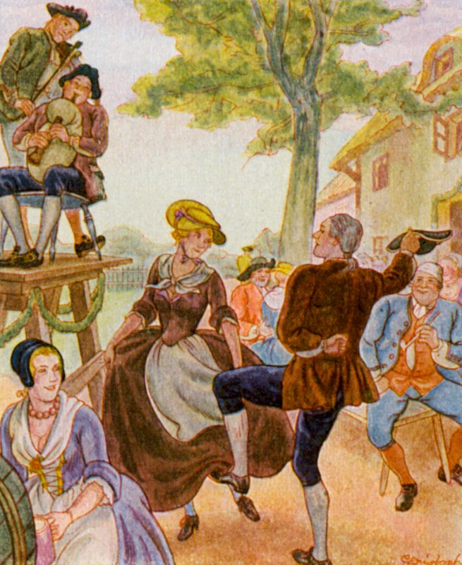 Tanz Unter Der Dorflinde / Dança sob a tília da aldeia (litografia a cores) de Christophe (1856-1945)