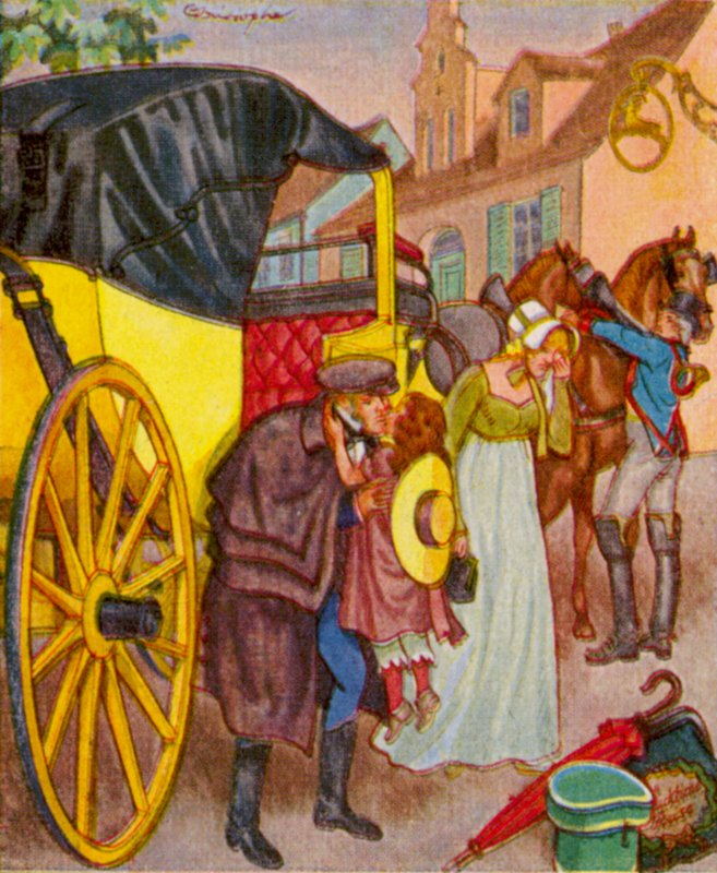 Abreise In Der Kalesche / Partida na carruagem (litografia a cores) de Christophe (1856 1945)