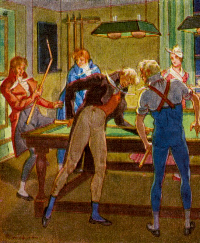 Billardspiel / Jogo de bilhar (litografia a cores) de Christophe (1856 1945)