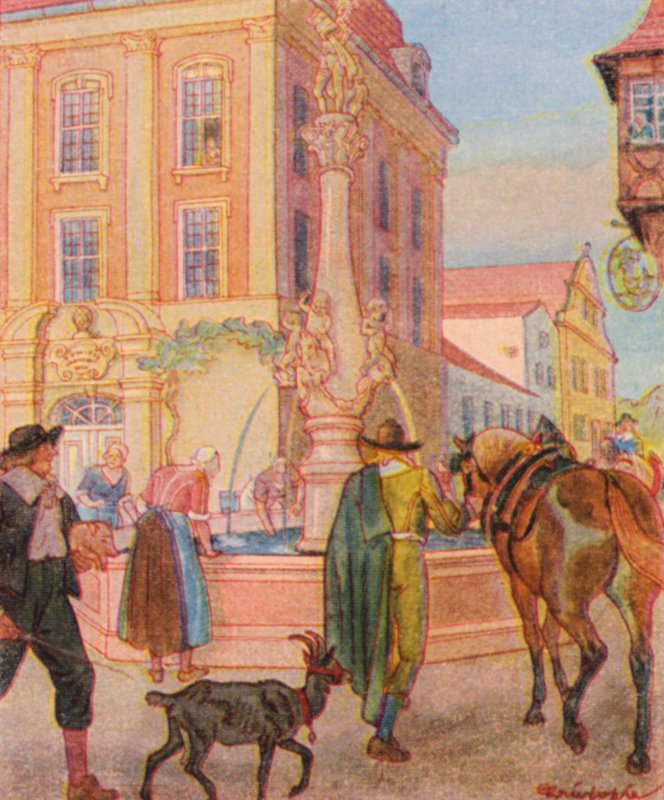 Brunnen Und Tranke / Fonte e bebedouro (litografia a cores) de Christophe (1856-1945)
