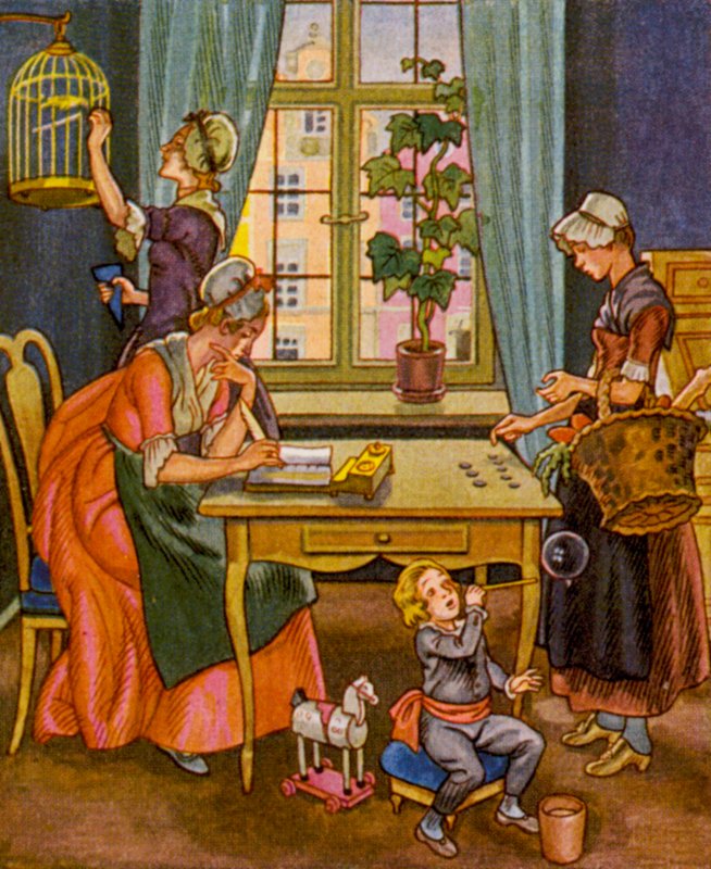 Haushaltsabrechnung / Contabilidade doméstica (litografia a cores) de Christophe (1856 1945)