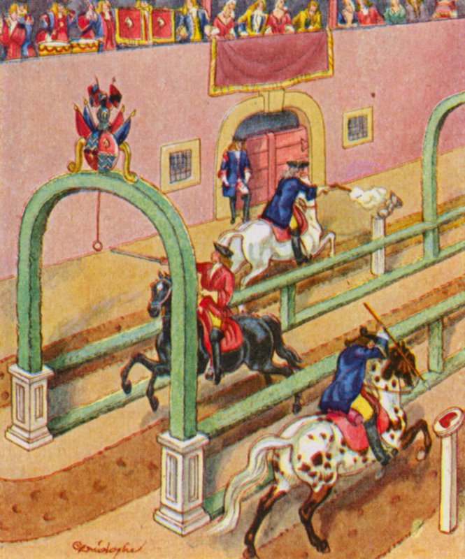 Ringelstechen / Equitação em anel (litografia a cores) de Christophe (1856 1945)