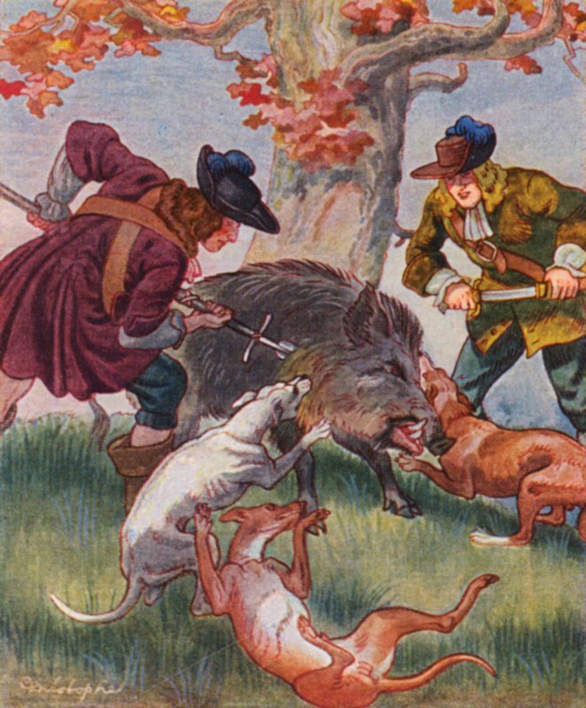 Sauhatz / Caça ao porco (litografia a cores) de Christophe (1856 1945)