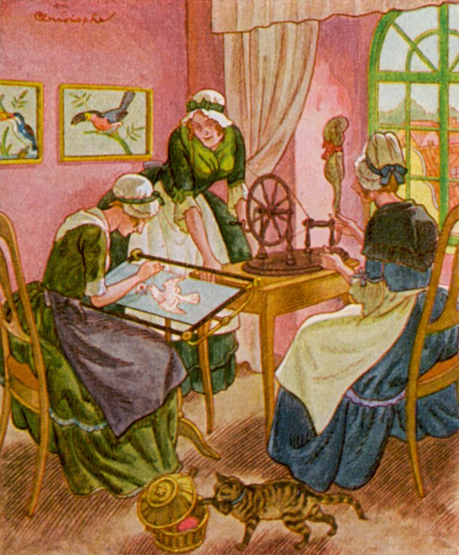 Stickerin Und Spinnerin / Bordadeira e fiandeira (litografia a cores) de Christophe (1856-1945)