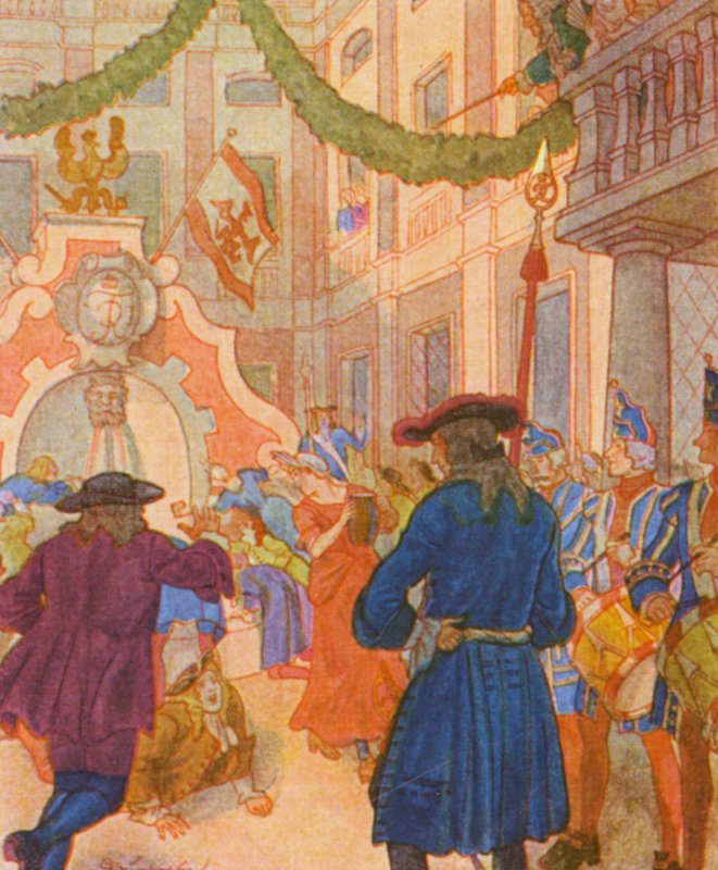 Weinbrunnen Und Ochse / Fonte de vinho e boi (litografia a cores) de Christophe (1856 1945)