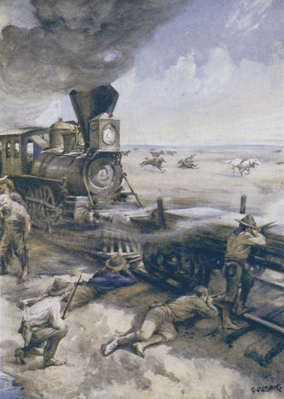 Um trem cruzando as pradarias atacadas pelos índios americanos de Christopher Clark
