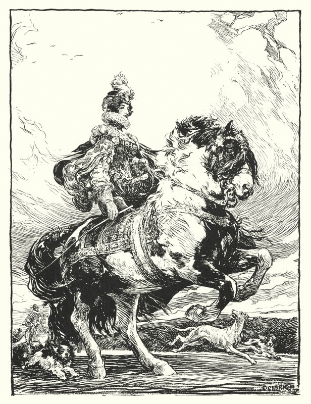 Mulher em traje Tudor caçando a cavalo (litho) de Christopher (after) Clark