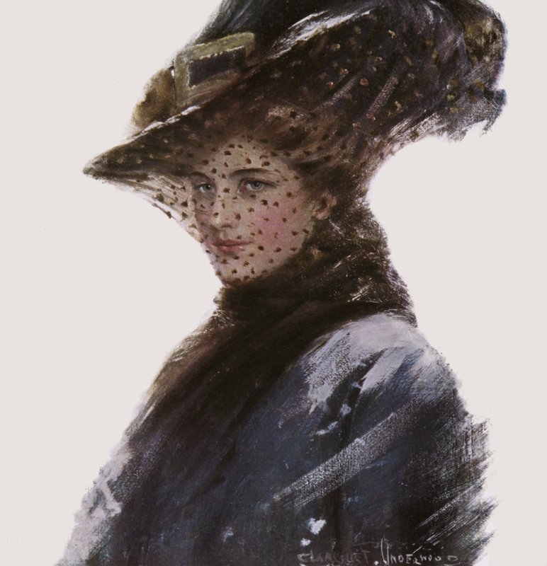 Retrato, de, um, mulher, desgastar, um, chapéu, e, um, véu de Clarence F. Underwood