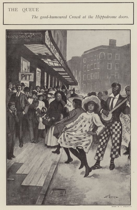 Uma fila de boa natureza fora das portas do Hipódromo de Londres (litho) de Clarence F. Underwood