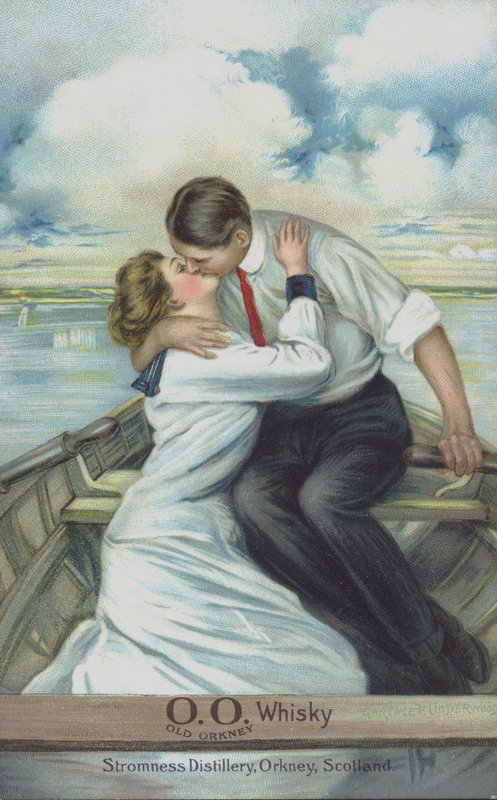 Par, beijando, em, um, barco remando, -, usado, para, mercado, antigas, orkney uísque de Clarence F. Underwood