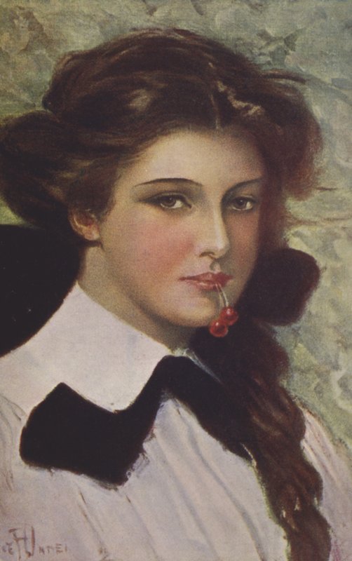 Menina, com, cerejas, em, dela, boca de Clarence F. Underwood