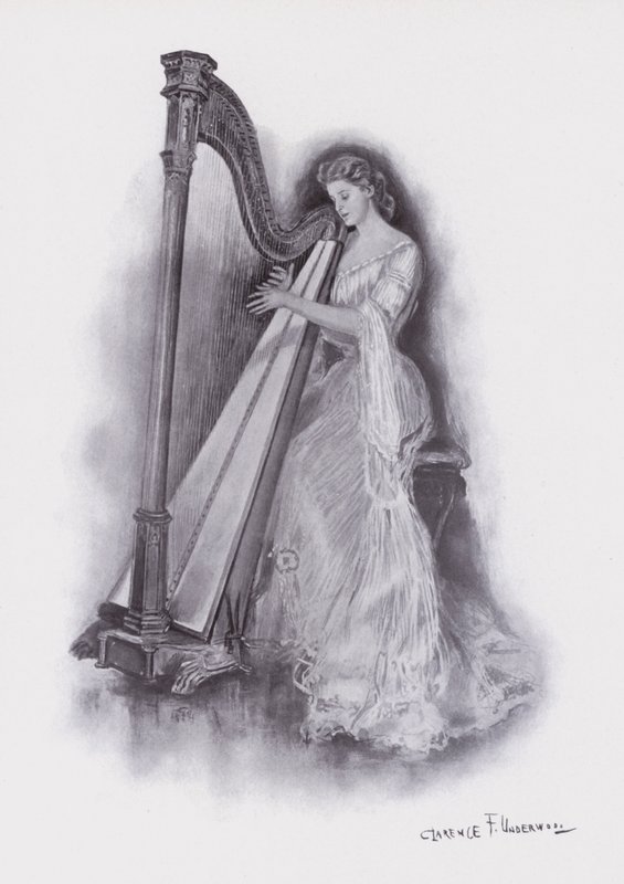 Mulher tocando harpa (cor litho) de Clarence F. Underwood