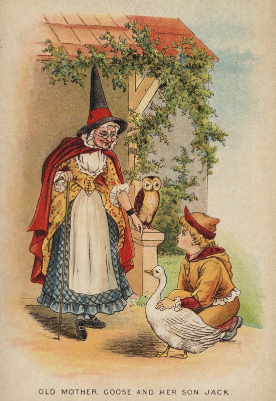 Rima de berçário: A velha Mãe Ganso e o seu filho Jack (chromolitho) de Constance Haslewood