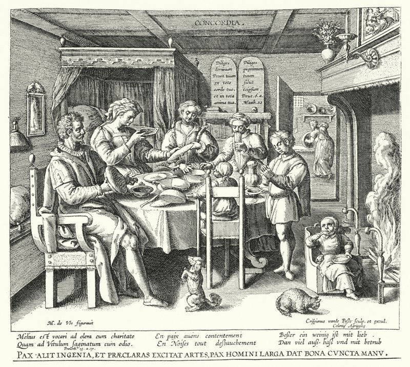 A Oração antes da refeição (gravura) de Crispin I de (after) Passe