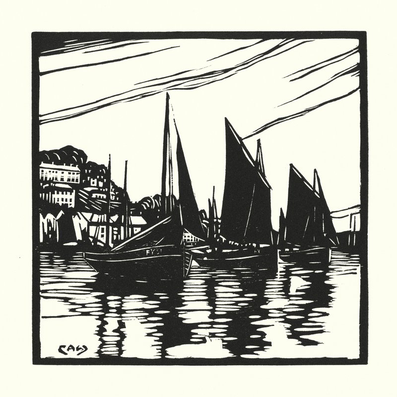 Barcos de pesca e barcaças: Cornish Drifters, Looe (xilogravura) de Cyril A. Wilkinson