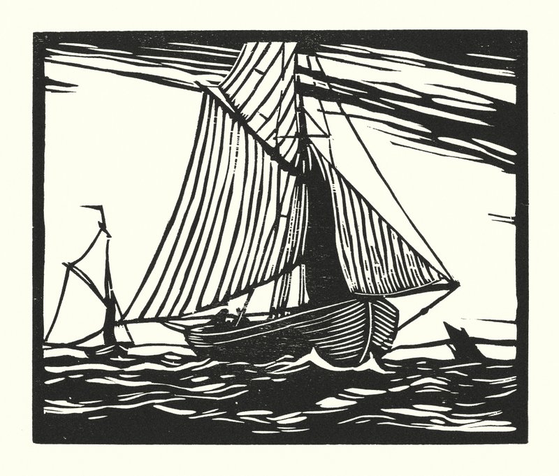 Barcos de pesca e barcaças: Barco de pesca, início do século XIX (xilogravura) de Cyril A. Wilkinson