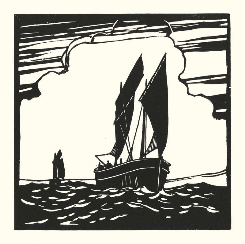 Barcos de pesca e barcaças: Drifter de Mounts Bay (xilogravura) de Cyril A. Wilkinson