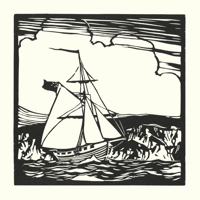 Barcos de pesca e barcaças: Cortador de receitas (xilogravura) de Cyril A. Wilkinson