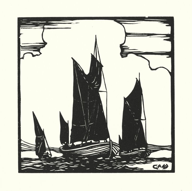 Barcos de pesca e barcaças: Barcos de pesca no Tamisa (xilogravura) de Cyril A. Wilkinson