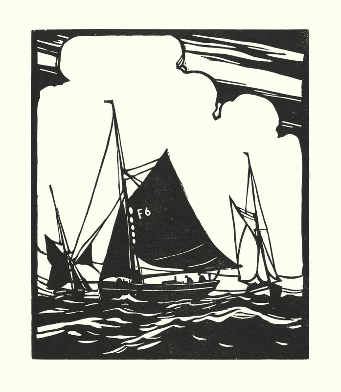Barcos de pesca e barcaças: Barco de ostras de Whitstable (xilogravura) de Cyril A. Wilkinson