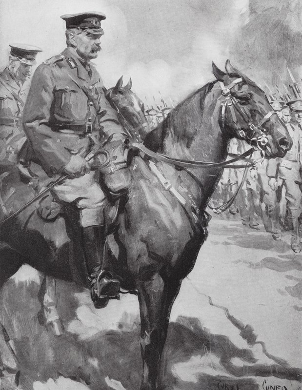Lord Kitchener inspeccionando parte do "Exército de Kitchener" (litografia) de Cyrus (after) Cuneo