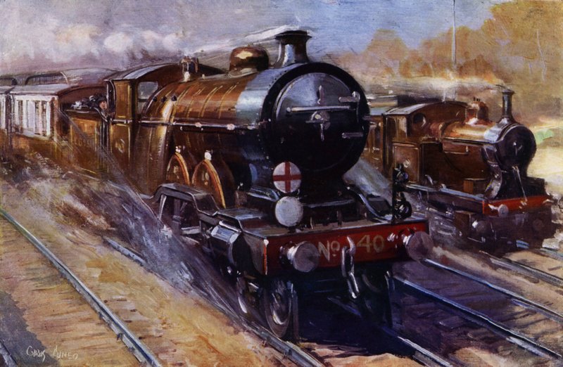A Southern Belle transportando carruagens Pullman no serviço expresso da London, Brighton e South Coast Railway de Londres a Brighton (lito colorido) de Cyrus (after) Cuneo