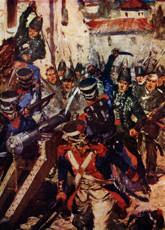 A Brigada de Espingardas a limpar uma Aldeia (cor litho) de Cyrus Cuneo