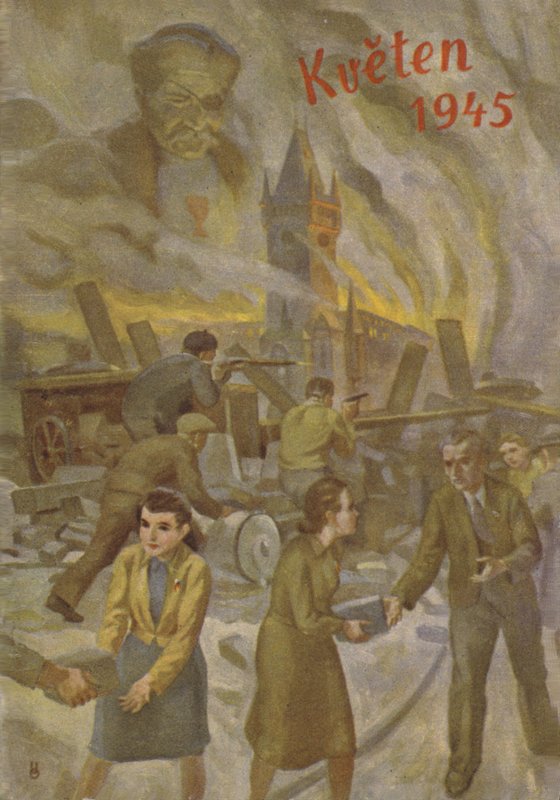 Pessoas em Praga ajudando umas às outras e lutando em maio de 1945. de Czech School
