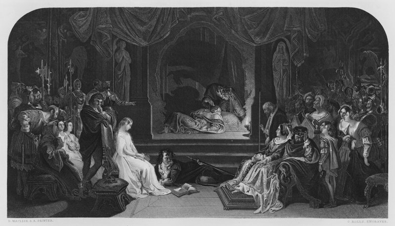 A Cena da peça, Hamlet, da foto na Galeria Vernon (gravura) de Daniel (after) Maclise