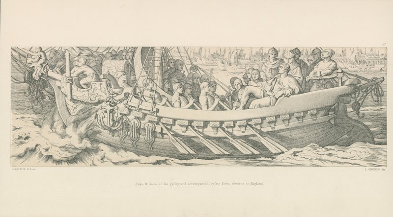 Duque William, em sua galera, e acompanhado por sua frota, cruza para a Inglaterra de Daniel Maclise
