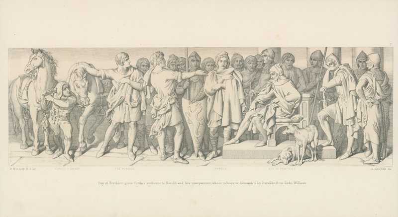 Guy of Ponthieu dá nova audiência a Harold e seus companheiros, cuja libertação é exigida pelos Arautos do duque William de Daniel Maclise