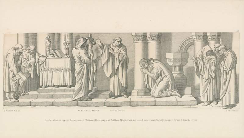 Harold, prestes a se opor à invasão de Guilherme, oferece a oração em Waltham Abbey, quando a imagem sagrada se inclina milagrosamente para frente da cruz. de Daniel Maclise