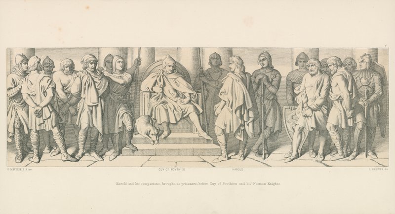 Harold e seus companheiros, trazidos como prisioneiros antes de Guy de Ponthieu e seus cavaleiros normandos de Daniel Maclise