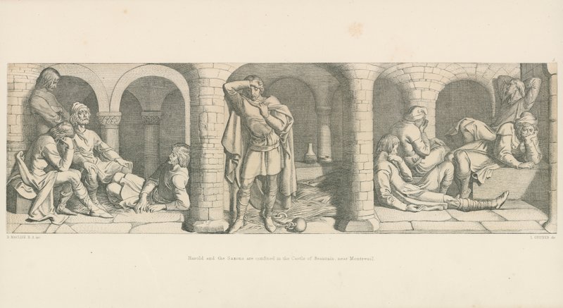 Harold e os saxões estão confinados no Castelo de Beaurain, perto de Montreuil de Daniel Maclise