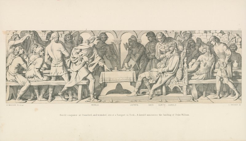 Harold conquistador em Stamford e ferido, senta-se em um banquete em York. Um arauto anuncia o desembarque do duque William de Daniel Maclise