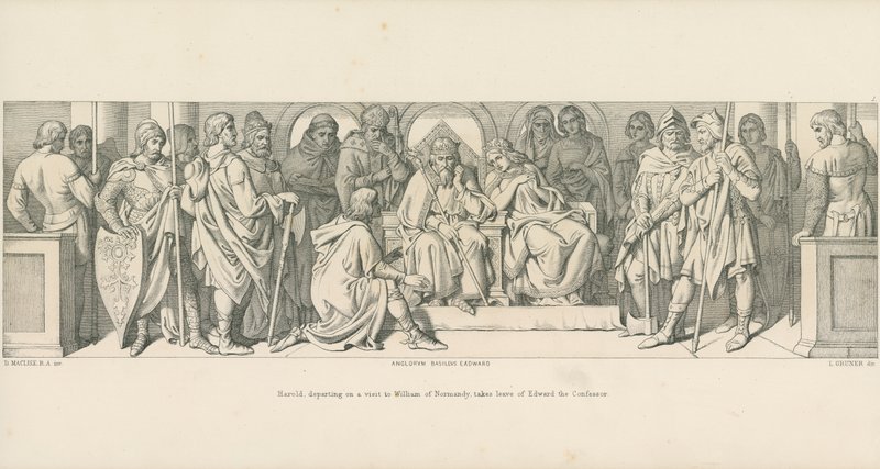Harold, partindo em uma visita a William da Normandia, despede-se de Edward, o Confessor de Daniel Maclise