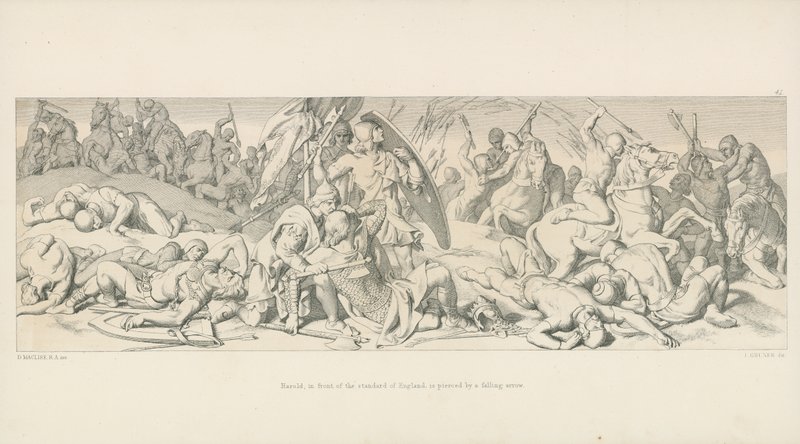 Harold, na frente do Standard da Inglaterra, é perfurado por uma flecha caindo de Daniel Maclise