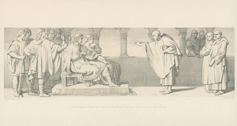Hugues Maigrot, um monge, tem audiência do rei Harold, para propor condições do duque William de Daniel Maclise